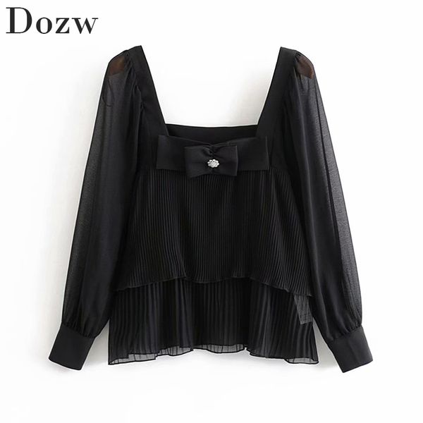 chic square collar chiffon pleated blouse women transparent long sleeve bow decorate ladies elegant black shirt 210414, White
chic square collar chiffon pleated blouse women transparent long sleeve bow decorate ladies elegant black shirt 210414, White