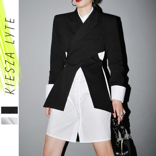 women black cross split joint blazer lapel long sleeve loose fit jacket fashion spring autumn 210608, White;black
women black cross split joint blazer lapel long sleeve loose fit jacket fashion spring autumn 210608, White;black