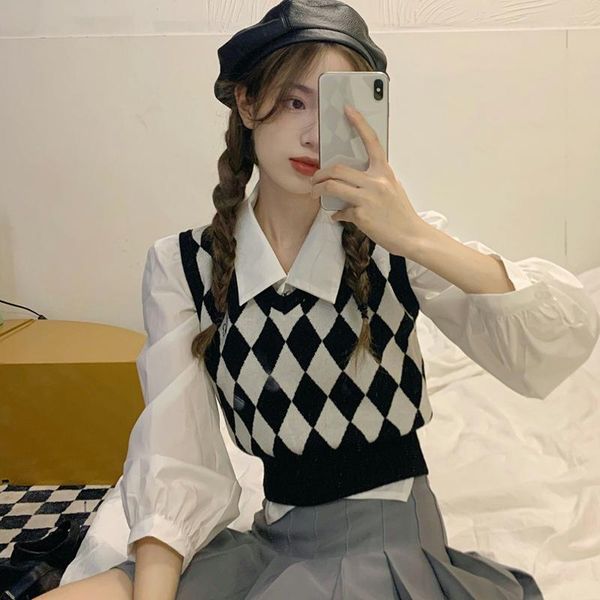 women's vests college style diamond knitted vest women spring and autumn outer wear v-neck sweater short, Black;white
women's vests college style diamond knitted vest women spring and autumn outer wear v-neck sweater short, Black;white