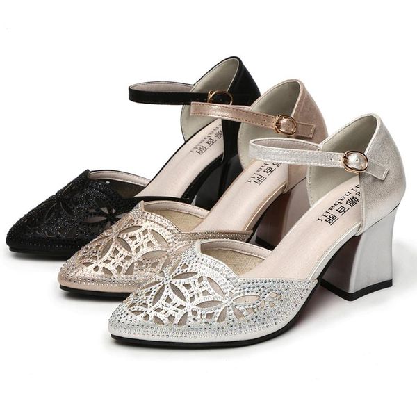 sandals buckle thick heel rhinestone hollow summer women shoes dress, Black