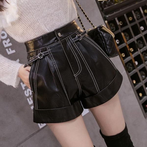 black pu leather women short wide leg faux waist for autumn loose, White;black
black pu leather women short wide leg faux waist for autumn loose, White;black