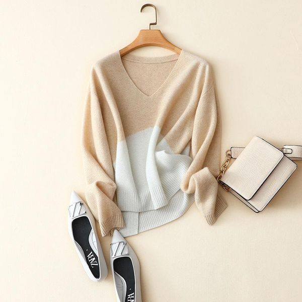 women's sweaters autumn v neck long sleeve contrast 100% cashmere for women, White;black
women's sweaters autumn v neck long sleeve contrast 100% cashmere for women, White;black