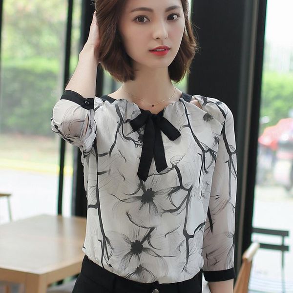 women's blouses & shirts bowknot chiffon shirt women printed three quarter blouse female ladies fashionable temperament bottom clothes, White
women's blouses & shirts bowknot chiffon shirt women printed three quarter blouse female ladies fashionable temperament bottom clothes, White