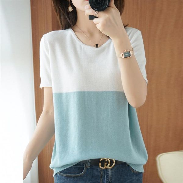women's t-shirt basic contrast color summer women plus size short sleeve knitted pullover tees 2021 korean style patchwork female, White
women's t-shirt basic contrast color summer women plus size short sleeve knitted pullover tees 2021 korean style patchwork female, White