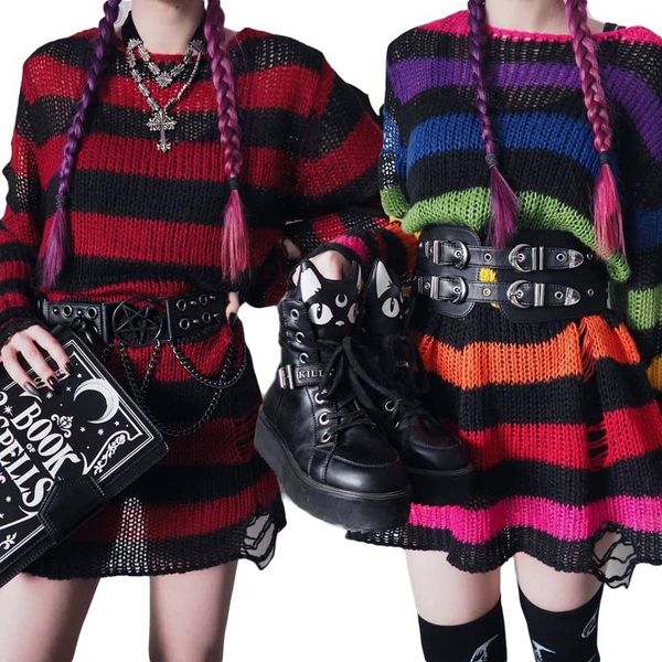 women's sweaters women sweater gothic punk striped knit block stripe pullovers cool hollow out jumper loose streetwear top, White;black
women's sweaters women sweater gothic punk striped knit block stripe pullovers cool hollow out jumper loose streetwear top, White;black