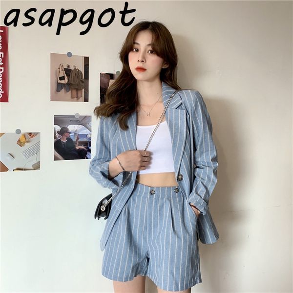 casual sets retro thin full blue turn down collar striped jacket suit korean summer high waist wide leg shorts fashion white 210429
casual sets retro thin full blue turn down collar striped jacket suit korean summer high waist wide leg shorts fashion white 210429