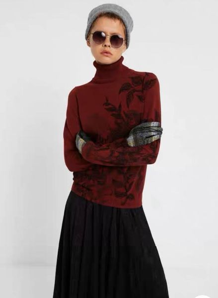 women's sweaters spanish vintage print casual high neck wine red long sleeve knit sweater, White;black
women's sweaters spanish vintage print casual high neck wine red long sleeve knit sweater, White;black
