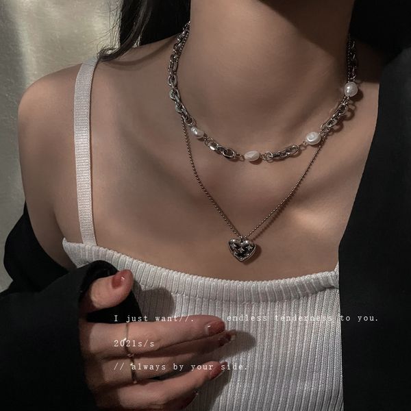 korean freshwater pearl love double layer ins cool wind metal sense splicing neck chain fashion versatile necklace, Silver
korean freshwater pearl love double layer ins cool wind metal sense splicing neck chain fashion versatile necklace, Silver