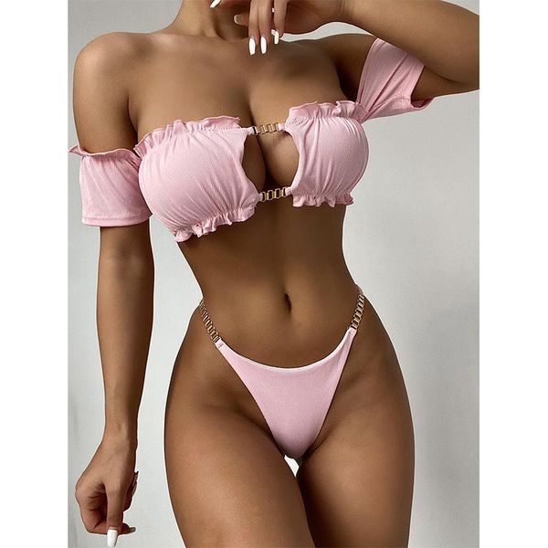 women's swimwear pink bikini hollow out chain swimsuit women off shoulder two-piece set backless bathing suit beachwear, White;black
women's swimwear pink bikini hollow out chain swimsuit women off shoulder two-piece set backless bathing suit beachwear, White;black