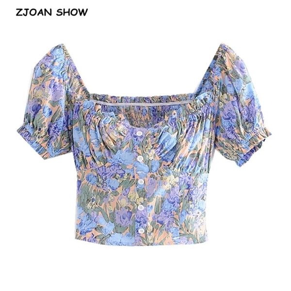 french ruched elastic purple blue floral print crop shirt women wood ears ruffle square collar slim fit blouse 210429, White
french ruched elastic purple blue floral print crop shirt women wood ears ruffle square collar slim fit blouse 210429, White
