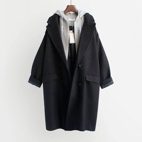 women's wool & blends 2021 korean fashion patchwork hooded coats women casual loose winter thicken fake two coat jacket streetwear warm, Black
women's wool & blends 2021 korean fashion patchwork hooded coats women casual loose winter thicken fake two coat jacket streetwear warm, Black