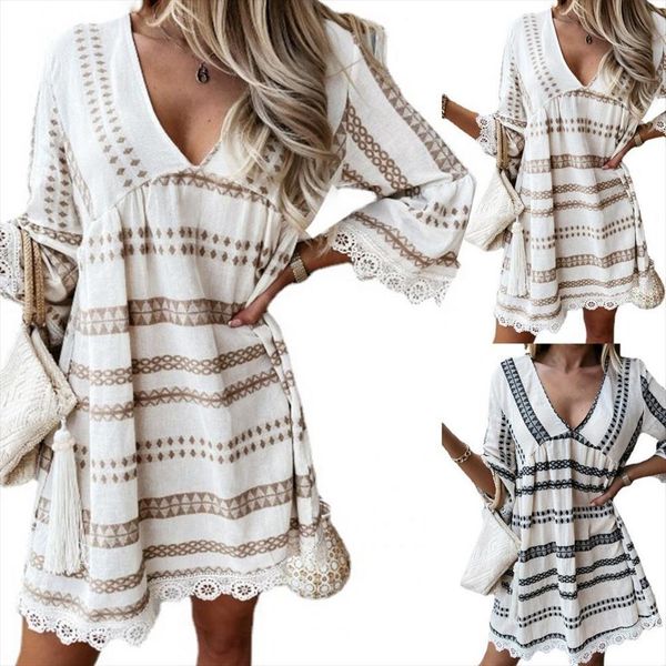 v neck geometric women dress printing loose elegant lace stitching flared 3 4 sleeve, Black;gray
v neck geometric women dress printing loose elegant lace stitching flared 3 4 sleeve, Black;gray