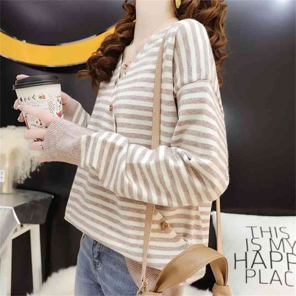 women's sweater autumn and winter striped long-sleeved knit v-neck pullover button leisure 210427, White;black
women's sweater autumn and winter striped long-sleeved knit v-neck pullover button leisure 210427, White;black