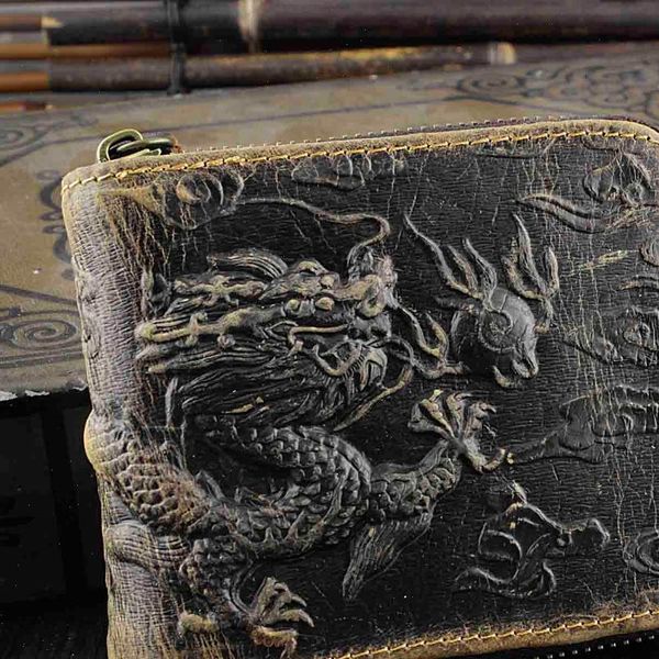 mens wallet fly dragon clutch genuine cowhide leather, Red;black
