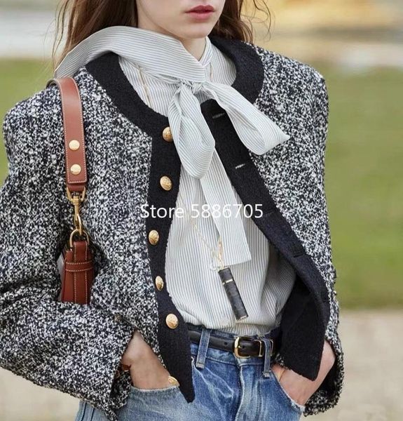 women's wool & blends runway design o-neck tweed jacket women golden buttons single breasted patchwork vintage coat s593, Black
women's wool & blends runway design o-neck tweed jacket women golden buttons single breasted patchwork vintage coat s593, Black