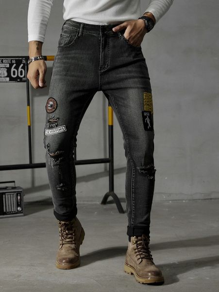 men letter embroidery patched detail ripped skinny jeans 43di#, Blue
men letter embroidery patched detail ripped skinny jeans 43di#, Blue
