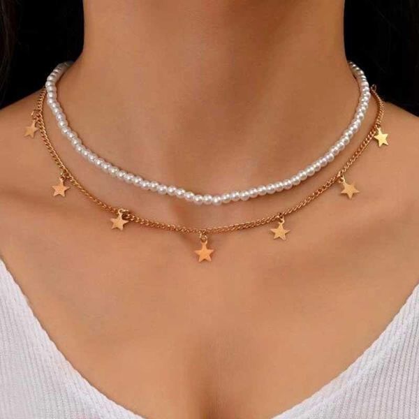 chains trend imitation pearl beaded necklace fashion personality five-pointed star double layered women's jewelry gifts, Silver
chains trend imitation pearl beaded necklace fashion personality five-pointed star double layered women's jewelry gifts, Silver