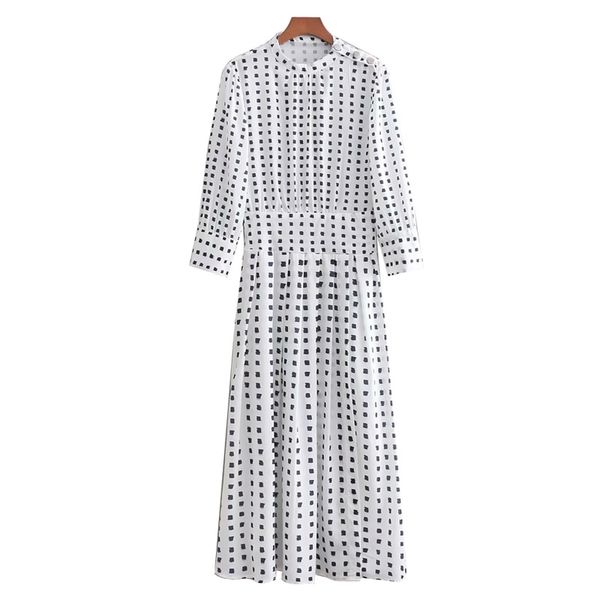 white dot print stand collar 3/4 sleeve midi dress chiffon autumn d0688 210514, Black;gray
white dot print stand collar 3/4 sleeve midi dress chiffon autumn d0688 210514, Black;gray