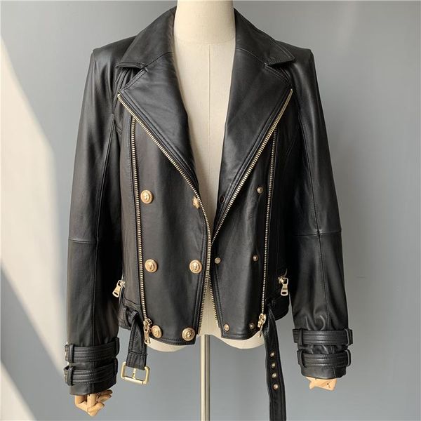 women's leather & faux real jacket women fashion classical zipper coat with belt black ladies genuine jackets female