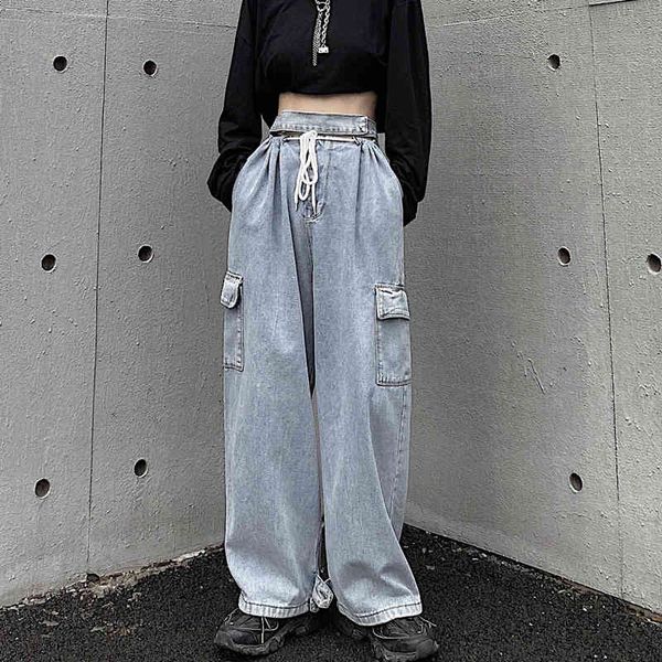 high waist patchwork jeans ladies streetwear washed big pocket load of loose cotton sheathed women's pants, Blue
high waist patchwork jeans ladies streetwear washed big pocket load of loose cotton sheathed women's pants, Blue