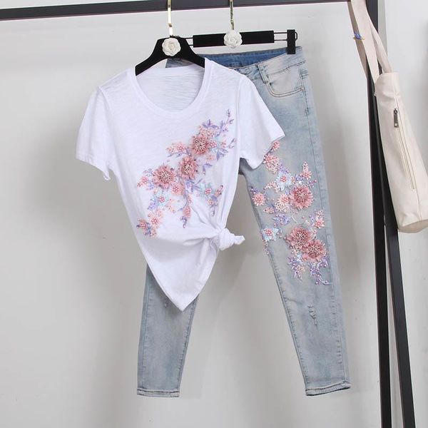 women's two piece pants summer korean fashion white embroidery flower t-shirt frayed denim 2pc outfits women tee jeans set female stre
women's two piece pants summer korean fashion white embroidery flower t-shirt frayed denim 2pc outfits women tee jeans set female stre