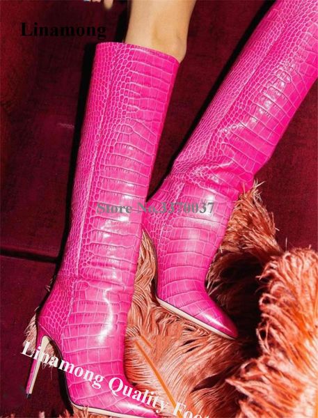 boots linamong est pointed toe crocodile leather knee high stiletto heel pink orange pattern thin long, Black
boots linamong est pointed toe crocodile leather knee high stiletto heel pink orange pattern thin long, Black
