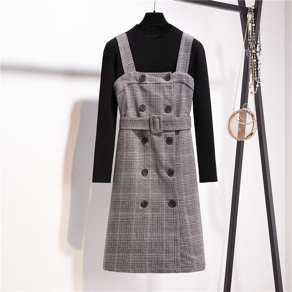 women two pieces set overalls dress winter vintage wool plaid suspenders double-breasted sashes dresses + black sweater 210416, White
women two pieces set overalls dress winter vintage wool plaid suspenders double-breasted sashes dresses + black sweater 210416, White