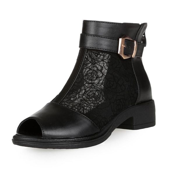 spring and summer leather women's boots low heel flat fish mouth large size middle-aged mesh sandals, Black
spring and summer leather women's boots low heel flat fish mouth large size middle-aged mesh sandals, Black