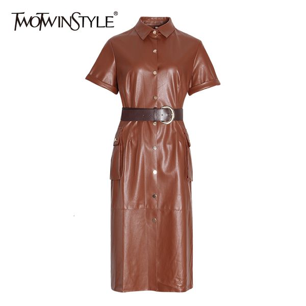 twotwinstyle pu leather black dress for women lapel short sleeve high waist with sashes midi dresses female fashion clothing 210517, Black;gray
twotwinstyle pu leather black dress for women lapel short sleeve high waist with sashes midi dresses female fashion clothing 210517, Black;gray