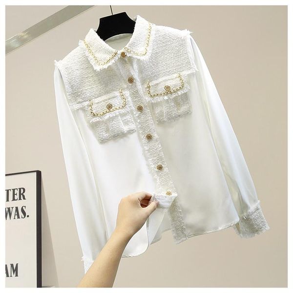 women's blouses & shirts 2021 chiffon blouse women designer runway tweed patchwork gold button tassel weave long sleeve spring autumn, White
women's blouses & shirts 2021 chiffon blouse women designer runway tweed patchwork gold button tassel weave long sleeve spring autumn, White