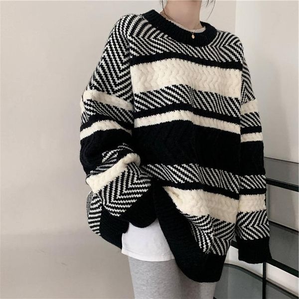 women's sweaters autumn striped pullover sweater women loose outer wear thick twist knit winter for jumper, White;black
women's sweaters autumn striped pullover sweater women loose outer wear thick twist knit winter for jumper, White;black