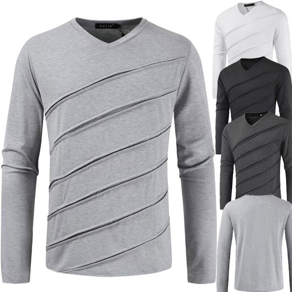 men's long sleeve t-shirt autumn fashion pleated v-neck solid color trend top, White;black
men's long sleeve t-shirt autumn fashion pleated v-neck solid color trend top, White;black