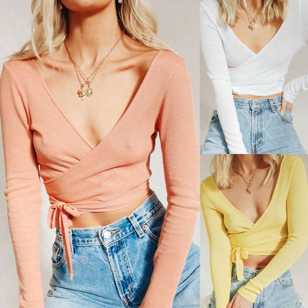 women's t-shirt women bandage deep v crop tee slight perspective summer beach holiday casual long sleeve clubwear, White
women's t-shirt women bandage deep v crop tee slight perspective summer beach holiday casual long sleeve clubwear, White