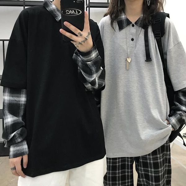 women's t-shirt spring korean retro plaid stitching turn-down collar loose fake two-piece long sleeve, White
women's t-shirt spring korean retro plaid stitching turn-down collar loose fake two-piece long sleeve, White