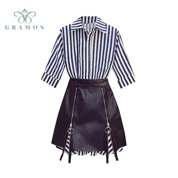 plus size tracksuits 2021 autumn women two piece suit striped shirt dress & zipper pu skirt set fashon elegant lady streetwear hip hop, Black
plus size tracksuits 2021 autumn women two piece suit striped shirt dress & zipper pu skirt set fashon elegant lady streetwear hip hop, Black