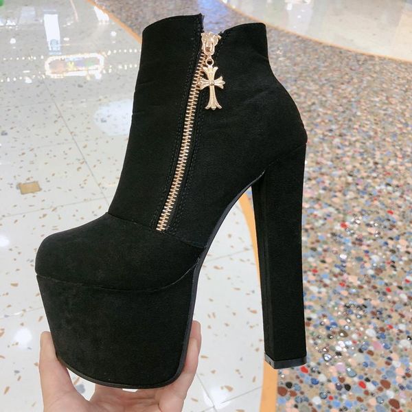 17cm high heeled women's shoes autumn platform lace up buckle zipper black boots fashion