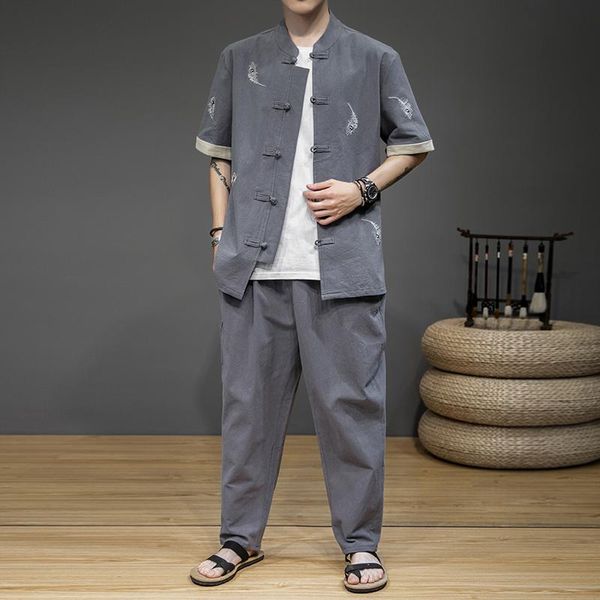 men's tracksuits male two piece set chinese style mens tang suit linen short sleeve traditional china hanfu shirt +pants, Gray
men's tracksuits male two piece set chinese style mens tang suit linen short sleeve traditional china hanfu shirt +pants, Gray