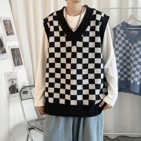 men' tank plaid college style sweater spring and autumn ins loose knit jacket v-neck sleeveless woolen vest clothes, White;black
men' tank plaid college style sweater spring and autumn ins loose knit jacket v-neck sleeveless woolen vest clothes, White;black