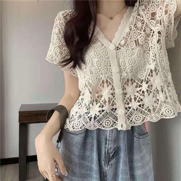 women's knits & tees summer 2021 sweater women korean version of thin v-neck hollow out all-match cardigan short-sleeved casual top, White
women's knits & tees summer 2021 sweater women korean version of thin v-neck hollow out all-match cardigan short-sleeved casual top, White