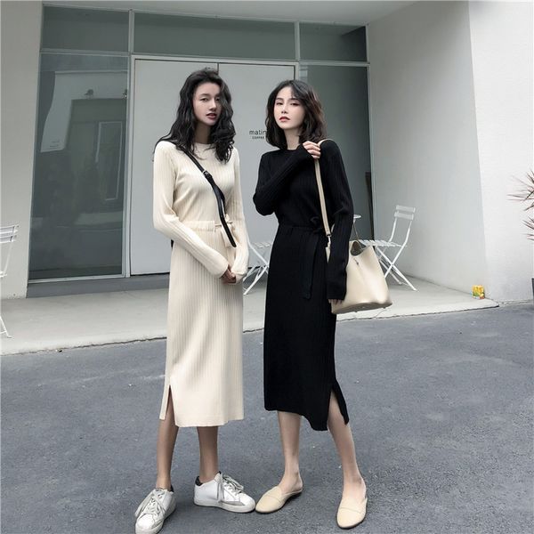 women sweater autumn casual maxi dress round neck sleeve slim split knit long dresses, Black;gray
women sweater autumn casual maxi dress round neck sleeve slim split knit long dresses, Black;gray