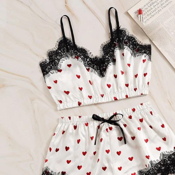 v neck heart print lace women sleepwear satin camisole pajamas bowknot shorts lingerie set robe underwear night dress t2, Black;red
v neck heart print lace women sleepwear satin camisole pajamas bowknot shorts lingerie set robe underwear night dress t2, Black;red