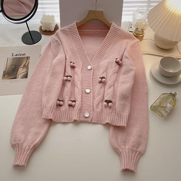 women's knits & tees sweet cherry pink knitted cardigan v-neck long sleeve cropped sweater women 2021 korean autumn chic loose sueter, White
women's knits & tees sweet cherry pink knitted cardigan v-neck long sleeve cropped sweater women 2021 korean autumn chic loose sueter, White