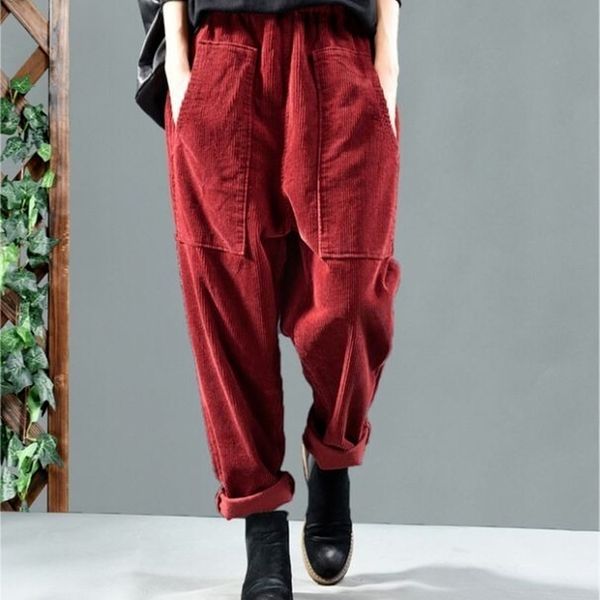 elegent harem pants women corduroy elastic waist solid full length pockets high lady loose plus size 5xl 211007, Black;white
elegent harem pants women corduroy elastic waist solid full length pockets high lady loose plus size 5xl 211007, Black;white