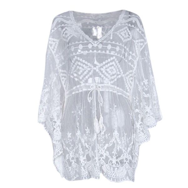 women sheer bikini cover up floral lace tassel drawstring loose beach dress e56a women's swimwear, White;black
women sheer bikini cover up floral lace tassel drawstring loose beach dress e56a women's swimwear, White;black