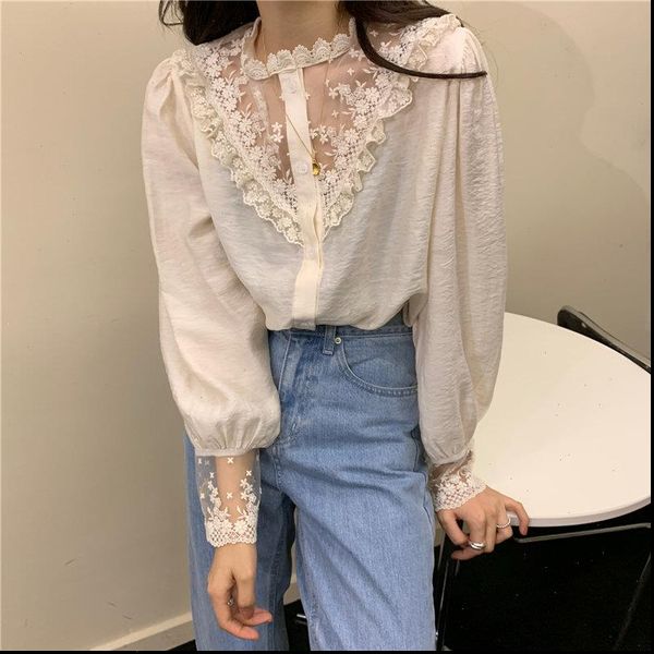 large size women shirt lace elegance stand office lady chic sweet gentle korean elegant full sleeved all match shirts, White
large size women shirt lace elegance stand office lady chic sweet gentle korean elegant full sleeved all match shirts, White