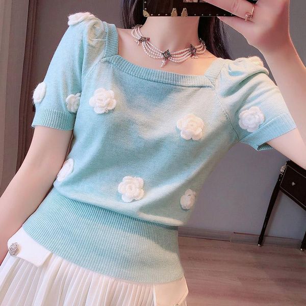 women's t-shirt 3d crochet flowers t shirt green for women 2021 summer tee fashion knitwear round neck puff sleeve tshirt, White
women's t-shirt 3d crochet flowers t shirt green for women 2021 summer tee fashion knitwear round neck puff sleeve tshirt, White