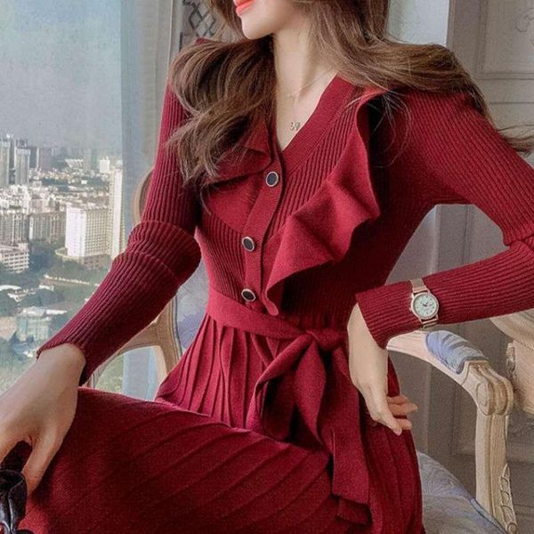 long sleeve knitted dress women's autumn winter ruffle bottom sweater elegant ladies a-line waist belt vestidos casual dresses, Black;gray
long sleeve knitted dress women's autumn winter ruffle bottom sweater elegant ladies a-line waist belt vestidos casual dresses, Black;gray