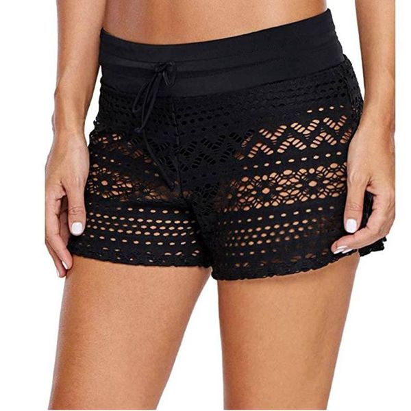 women swimming shorts, solid color lace hollow-out drawstring middle waist short pants for girls, black women's swimwear, White;black
women swimming shorts, solid color lace hollow-out drawstring middle waist short pants for girls, black women's swimwear, White;black