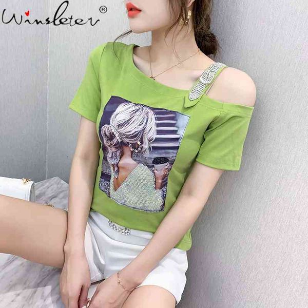 women's t-shirt summer european clothes chic print skew collar diamonds chain women cotton bottoming shirt tees t14501a, White
women's t-shirt summer european clothes chic print skew collar diamonds chain women cotton bottoming shirt tees t14501a, White