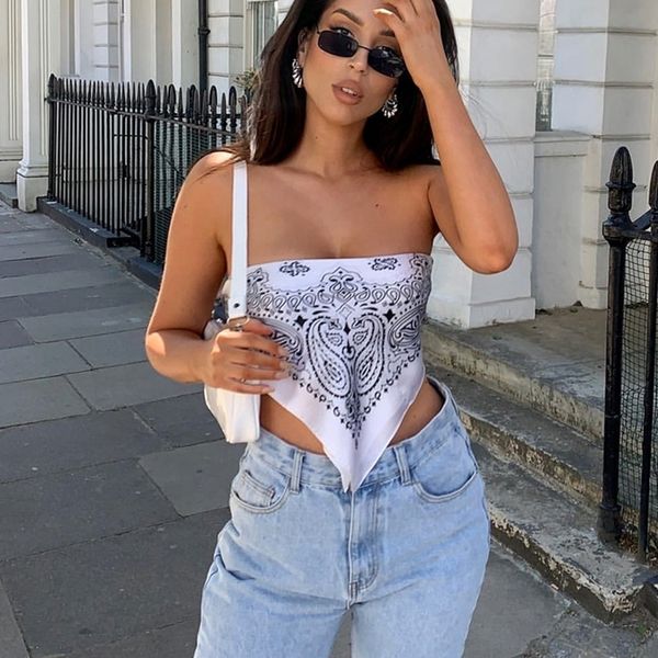 women bandana wrapped shirt strapless casual no-sleeve flower printed summer cropped party clothes, White
women bandana wrapped shirt strapless casual no-sleeve flower printed summer cropped party clothes, White